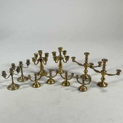 (10PC) MINIATURE BRASS CANDELABRAS | Includes; 3 pair of miniature brass candelabras and set of 4 miniature brass candelabras