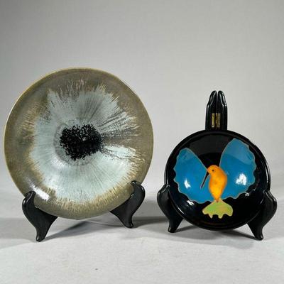 (2PC) CERAMIC BOWLS | Includes: Ajoupa pottery black glazed bowl with bird in center signed “AJOUPA” on bottom, and green glazed bowl...