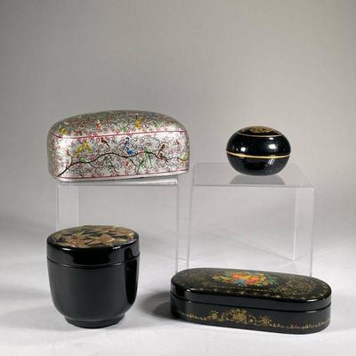 (4PC) DECORATIVE LACQUER BOXES | Includes: avian and floral decorated lacquer boxes