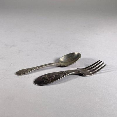 (2PC) PAIR WINTHROP SILVER PLATE BABY UTENSILS | Includes; baby fork with stamped puppy marked on back â€œWinthrop Silver Plateâ€ and...