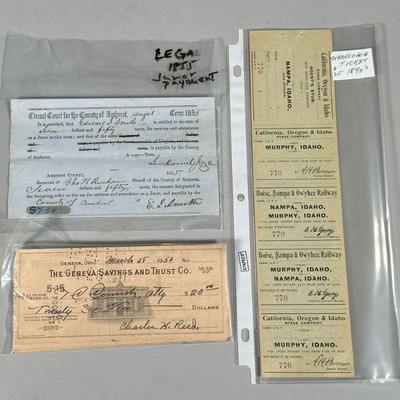 ANTIQUE TICKETS RECEIPTS & OTHER EPHEMERA | Includes: California, Oregon & Idaho Stage Company stagecoach tickets, 1855 Juror payment...