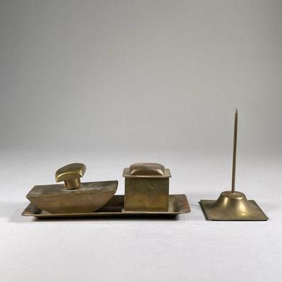 (4PC) METAL DESK SET | Including a blotter, inkwell, spike and tray