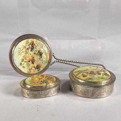 (3PC) MOTHER OF PEARL MIRROR & MAKEUP SET | Includes: small mirror and 2 small engraved metal boxes all with hand painted mother of pearl...