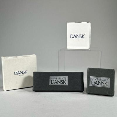 (4PC) NEW IN BOX DANSK PIECES | Includes: silver plate letter opener with heart, silver plate makeup compact, nickel wine opener, and...