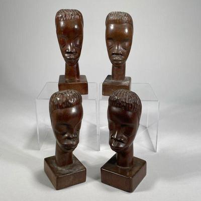 (4PC) CARVED AFRICAN BUSTS | 2 pair of wood carved African busts