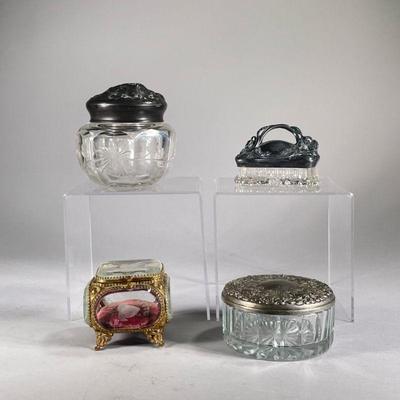 (3PC) ANTIQUE GLASS JEWLERY BOX & MORE | Includes: etched glass jewelry box, glass makeup container with mirror backed top, and pewter...