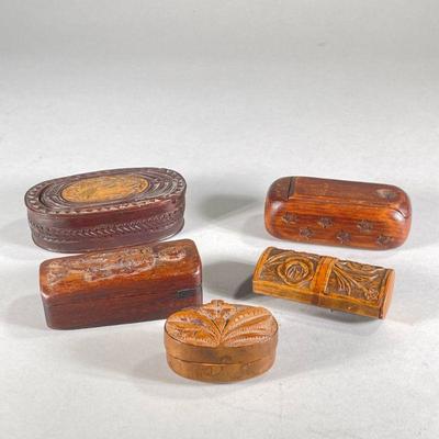 (4PC) CARVED SNUFF BOXES | Including; small floral boxes, Star carved stamp box, and coffin-like box with skeleton carving