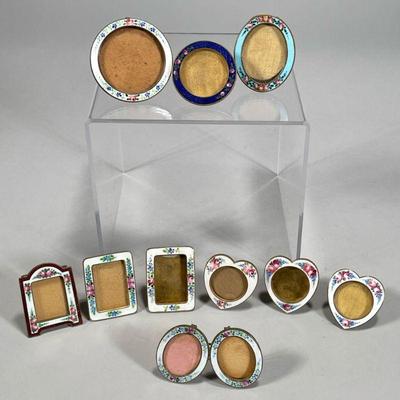 (10PC) FLOWER ENAMELED MINIATURE PICTURE FRAMES | Mostly brass. Heart, square, oval shapes.