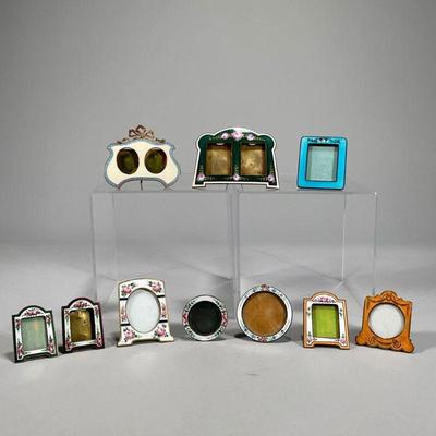 (10PC) DECORATIVE ENAMELED MINIATURE PICTURE FRAMES | Mostly brass, varying in shapes & sizes.