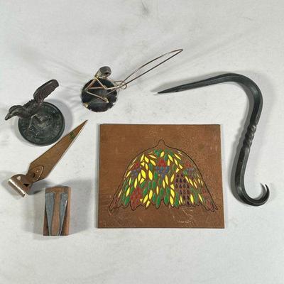 (5PC) MISC. DECORATIVE METAL ITEMS | Includes: commemorative miniature weather vane, brass & copper figurine of a fisherman, metal stamp...