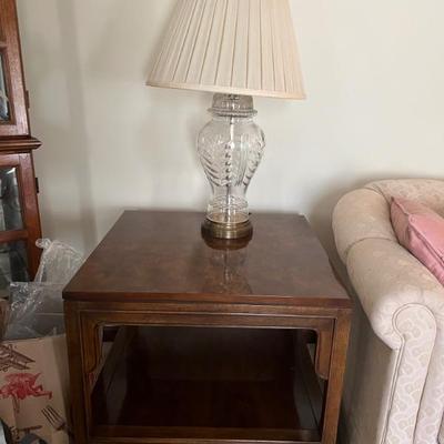 Pair of Drexel Vintage Heritage Campaign Burl Top 2 Drawer Tiered Side Table or Center Table. $550 each