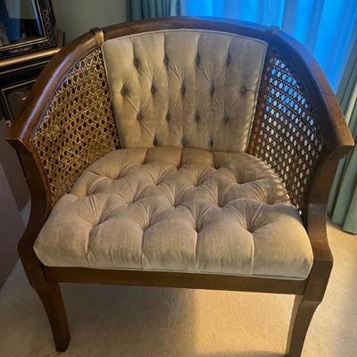 Mid century, modern barrel, chair, tufted upholstery seat back and seat with caning. $375