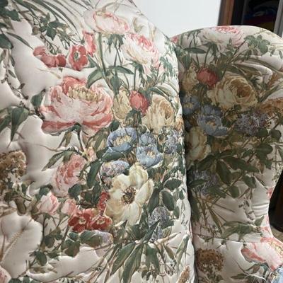 Detail stitching around raised flowers of pair of mid century, queen and style flower bouquet wingback chairs. Pair $595