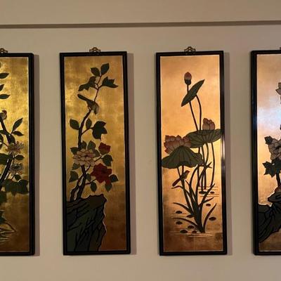 Four matching asian wood carved gold gilded panels 