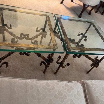 Pair Hollywood Regency mid century, modern Antiqued Gold Wrought Iron Tables Square Glass Tops. 16x20x20 inches HxWxD. Pair $2,350