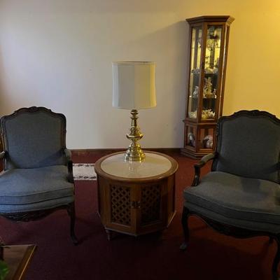 Pair of wool upholstered, armchairs, marble topped, end table, brass lamp with six panel select shade