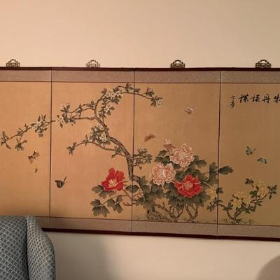 vintage for  panel, Asian silk screen signed, stamped