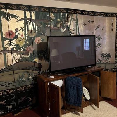 Eight panel, Asian coromandel screen, TV,   For door sideboard