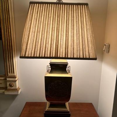 Asian vessel, brass lamp with wood base and pleated shade