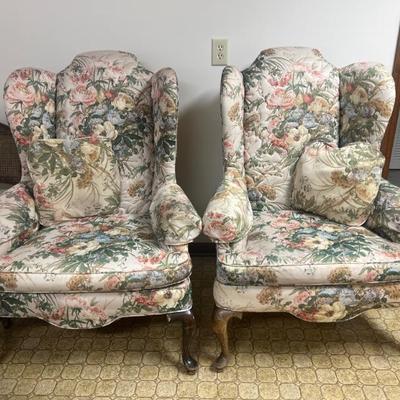 Pair of vintage mid century Queen Anne style flower bouquet, wing back chairs with matching pillows and arm slip covers. Pair $595