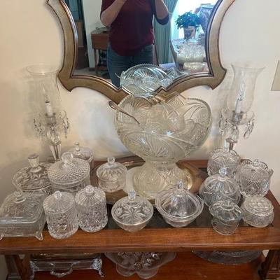 Crystal 12 cup punch bowl, pair of crystal lamps, variety of covered crystal candy dishes