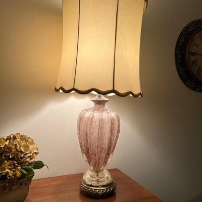 Murano Glass Bullicante Lamp in Opaline Opalescent Pink Vintage 1960s with six panel silk shade. $1,050