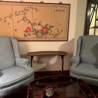 Asian four panel silk screen pair of wing back chairs, wood serving table