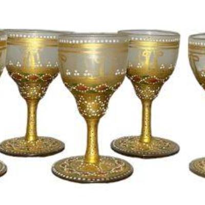 Set (11) Gold Gilt Hand Painted Cordial Glasses