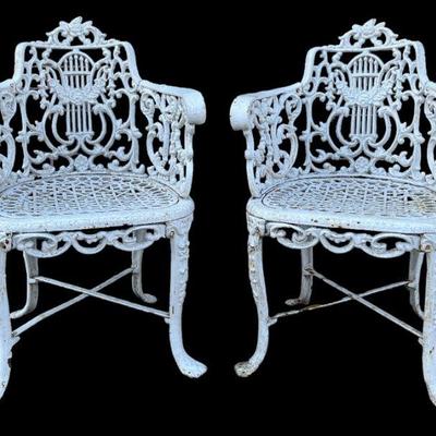 Beautiful Rose Pattern French Iron Garden Chairs, Pair