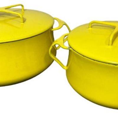 Two Vintage Mid Century DANSK Yellow Kobenstyle Enamelware Lidded Pots