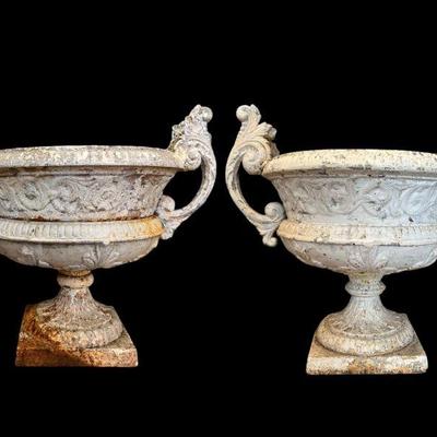 19th C French Cast Iron Garden Planters, Pair