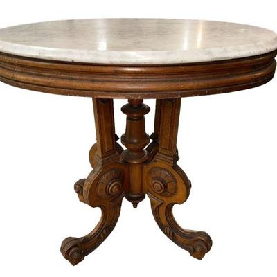 Eastlake Victorian Walnut Table w Marble Top