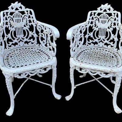 Beautiful Rose Pattern French Iron Garden Chairs, Pair