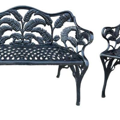 19th C Fern Leaf Cast Iron Garden Bench and Chair, STUART IRONWORKS