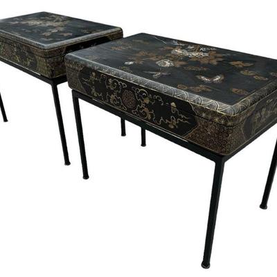 Chinoiserie Black Lacquered Side Table w/ Storage, Pair