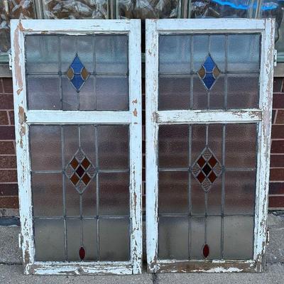 Antique Leaded Glass Windows, Pair