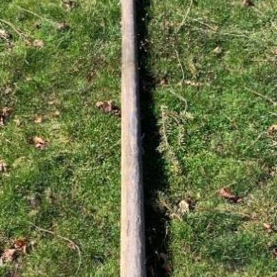 Weathered pine flag pole with old paint finial, ht. 15 ft 5 in.
