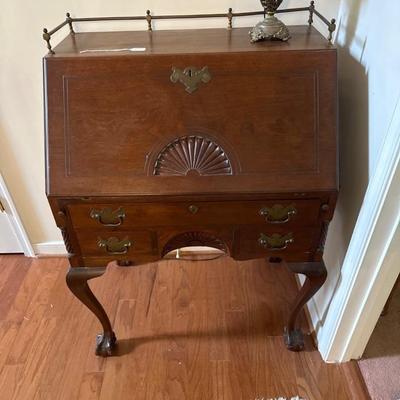Shell Carved Slant Front Secretary Desk with Cabriole Legs Ending in Ball and Claw Feet