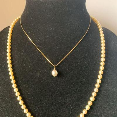Pearl beaded necklace and Pearl pendant on 14k gold chain
