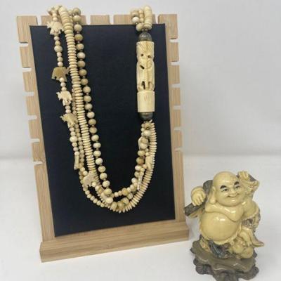 Vintage Carved Bone Necklace & Happy Buddha Statue