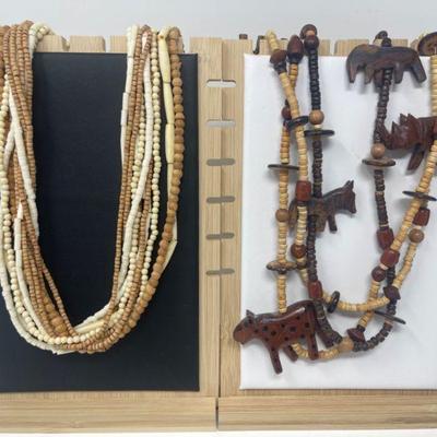 (2) Vintage Multi-Strand Wooden Beaded Necklaces