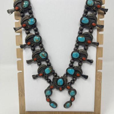 Vintage 1960s Squash Blossom Silver Necklace - Turquoise and Coral