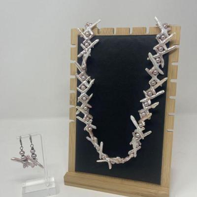 Freshwater Pearl Necklace & Earrings In Silver