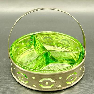 Vintage Vaseline Glass 3-Part Divided Dish in Metal Basket