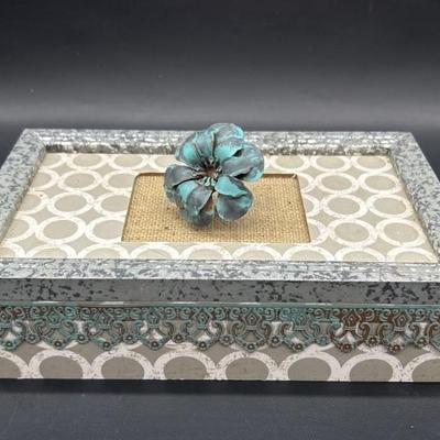 Decorative Gray Wood Box, Turquoise Trim & Flower