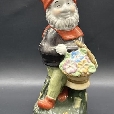 Smiling Garden Gnome w/ a Basket of Spring Flowers