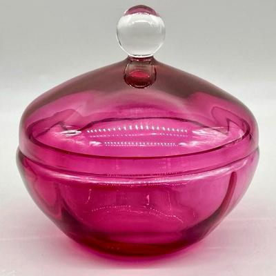 Vintage Cranberry Glass Powder Box w/ Lid
