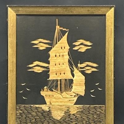 Mid Century Gold & Black Framed Chinese Junk Ship