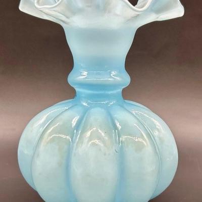 Vintage Fenton Blue Overlay Crimped Vase