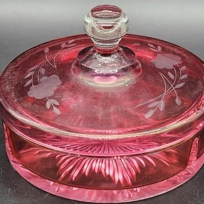 Vintage Etched Cranberry Glass Lidded Divided Dish